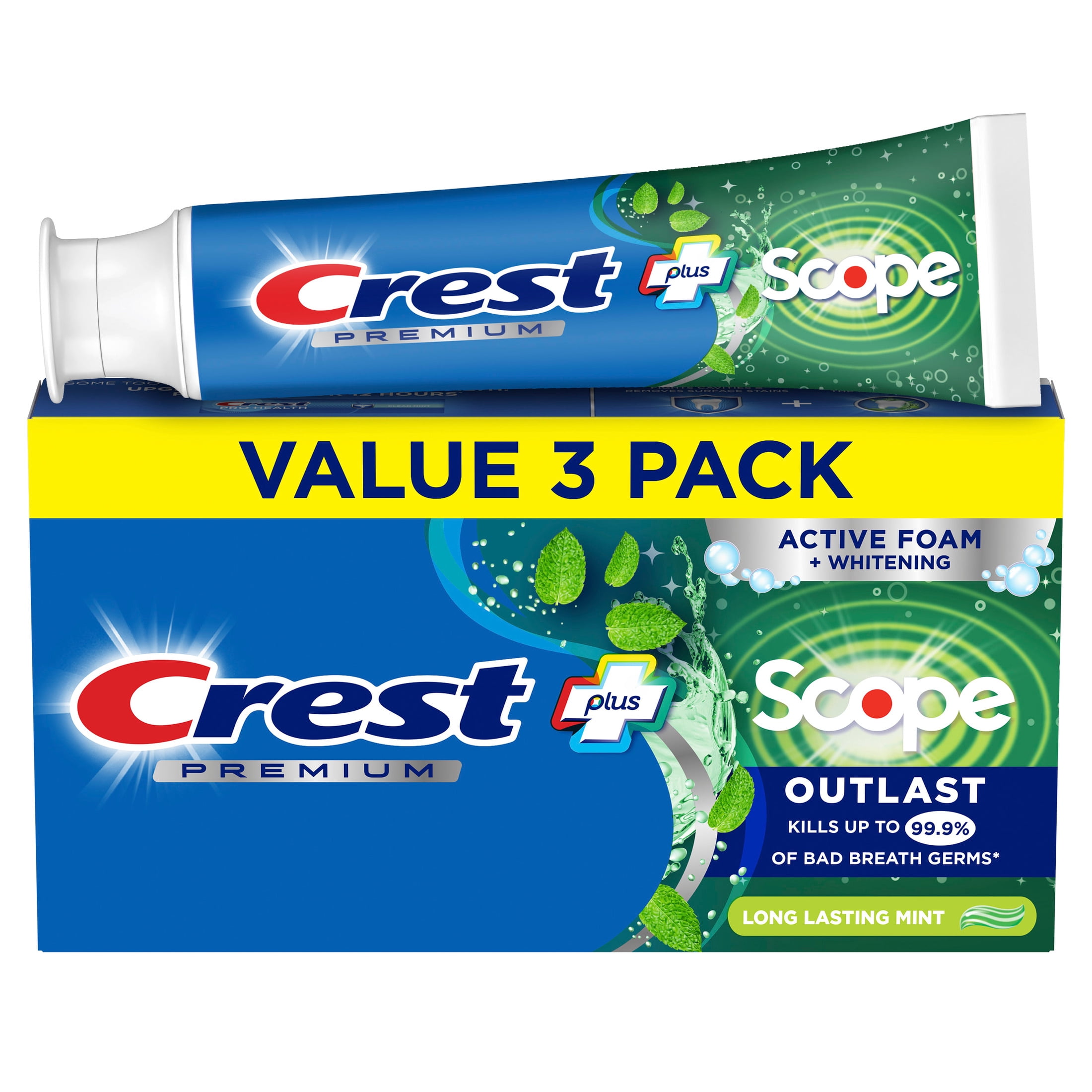 (4 pack) Crest Toothpaste, Premium Plus Scope Outlast Fluoride Toothpaste, Mint, 5.2 oz, 3 pack