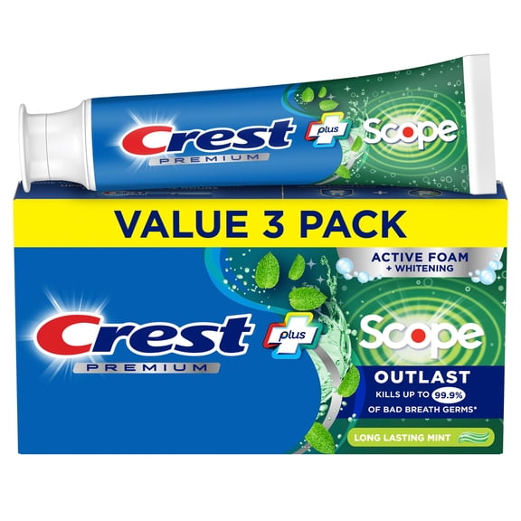 Crest Premium Plus Scope Outlast Fluoride Toothpaste, Mint, 5.2 oz, 3 pack