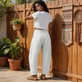 thumbnail image 4 of Barrel Linen Pants Women Boho Palazzo Cotton Drawstring Capris Plus Size Summer Beach Vacation Casual Baggy Trousers L, 4 of 4