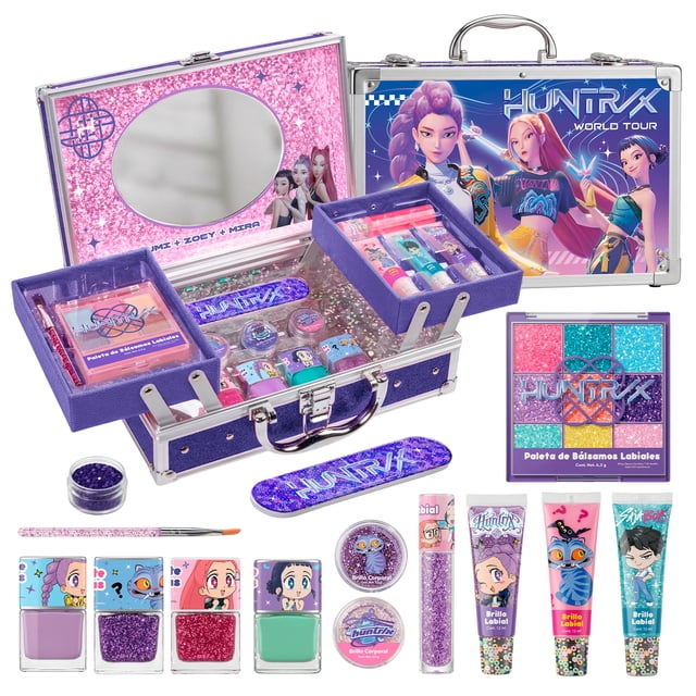 Kit de Maquillaje Infantil KPOP Demon Hunters Huntrix, Estuche con Espejo, Sombras, Brillos Labiales, Esmaltes, Brillo Corporal, Lima, Brocha, Cosméticos Infantiles