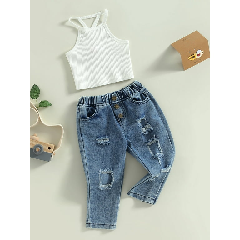 Suanret 2Pcs Kids Little Girls Jeans Sets Sleeveless Camisole Elastic Waist  Ripped Denim Pants Summer Outfits White 18-24 Months 