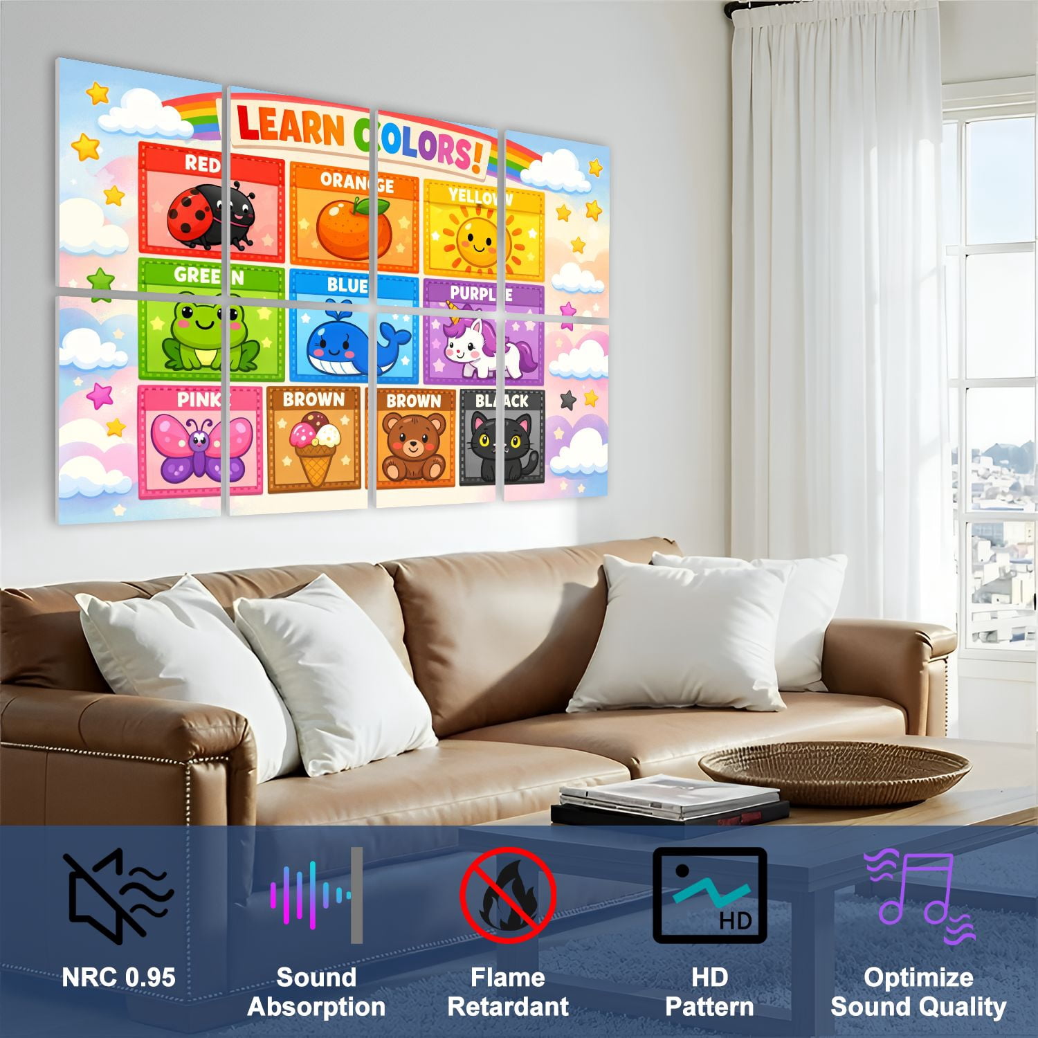Classroom 8 Pack Art Acoustic Panels Sound Absorbing Learn Colors Cute Cartoon Characters Bright Colors Decorative Soundproof Wall Panels Self Adhesive for Nursery Kids Game Room 48"x32"