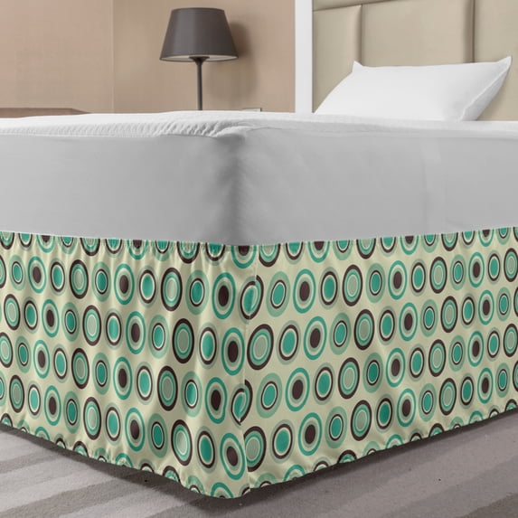 Retro Bed Skirt, Polka Dotted Pattern in Pastel Colors Old Fashioned Tile Ring Shapes, Elastic Bedskirt Dust Ruffle Wrap Around for Bedding Decor, 4 Sizes, Dark Taupe Mint Green, by Ambesonne