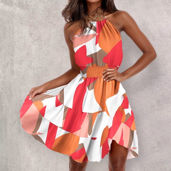 FcBaudy Camis Sleeveless Round Neck Dress,Dresses for Women,Womens Dresses Women Fashion Summer Floral Hanging Neck Sleeveless Waist Camis Dresses Women Dress