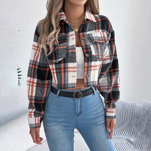 Daiosportswear Women's Flannel Cropped Plaid Shacket Button Down Long Sleeve Jacket Casual Lapel Coat Black