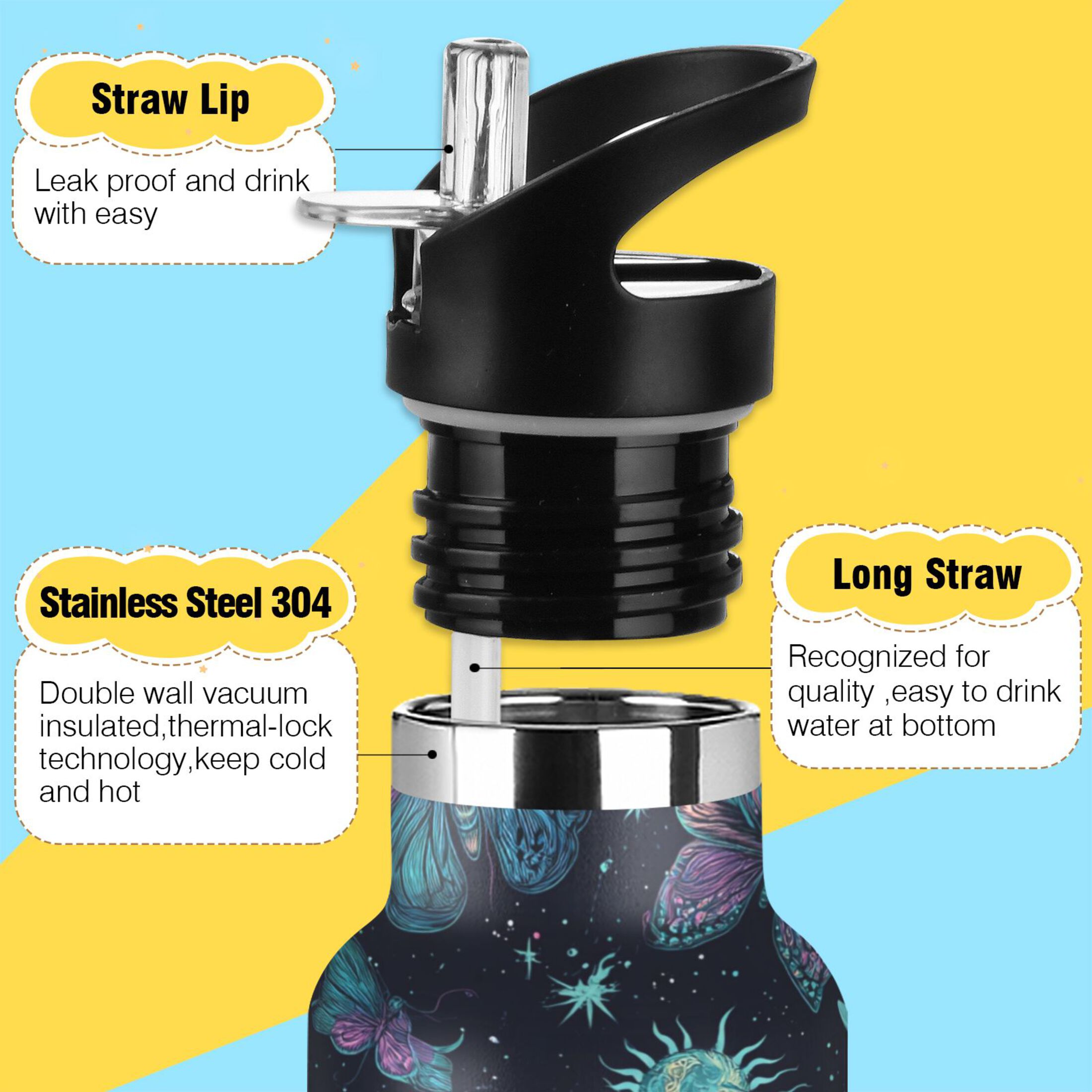600ML Stainless Steel Insulated Cup Sports Water Bottle Portable Thermos Cup Water Glasses Insulated Tumblers Convenient and Durable Green Butterfly