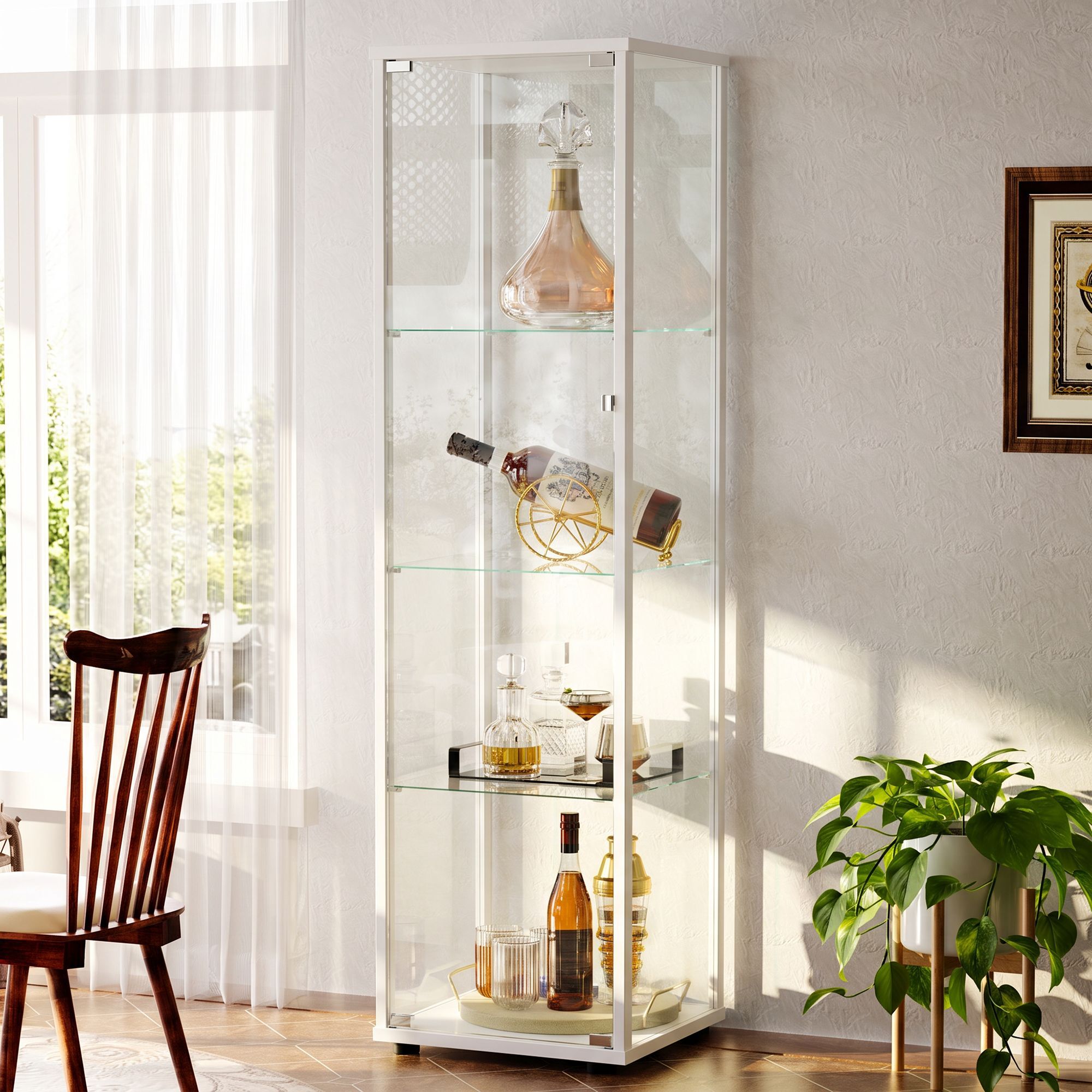 Clarvion 64" Display Cabinet with Glass Door, 4-Tier Tempered Glass Curio Cabinet, Single Door Display Case for Collectibles, White