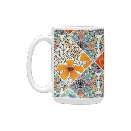 

Farmhouse Decor Patchwork with Heart and Swirling Flower Pattern with Folkloric Feminine Details Mul Ceramic Mug (15 OZ) (Made In USA)