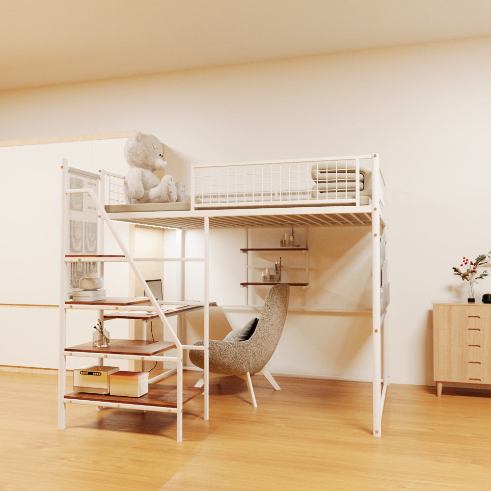 Yoneston Full Size Loft Metal Bed Frame with Built-in Charging Station and LED Lighting for Bedroom and Dormitory, White