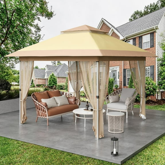 2025 New 12'x12' Pop Up Gazebo, Outdoor Canopy Tent with Curtains and Netting, Pop Up Canopy with 144 Square Shelter for Patio, Backyard, Party, 2-Tiered Vented Top