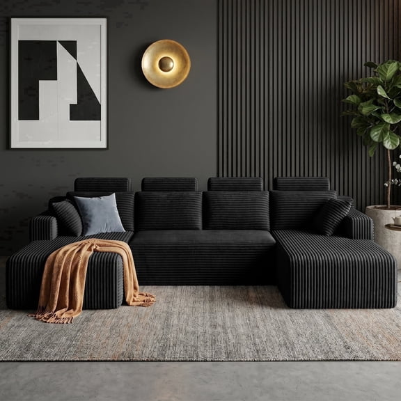 Garaneeds 134" Oversized Boneless Couch with Chaise, U Shaped Modular Sectional Sofa for Living Room, Cloud Sofa Couch, Corduroy Deep Seat Couch with Headrests, No Assembly, Black