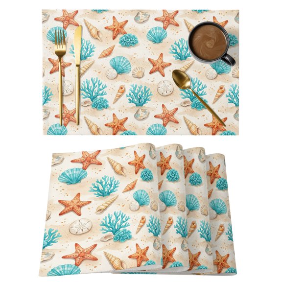 Bohemian Tropical Beach Placemats Set of 12, Nautical Teal Coral Shell Orange Starfish Non-Slip Place Mats Washable Table Mats for Kitchen Dining Table Decorations Indoor/Outdoor