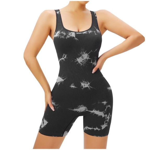 Mqqzkk Seamlesse Workout Jumpsuit for Women Sleeveless Strap Gym Yoga Romper Bodysuit With Padded Sports Bra Black L