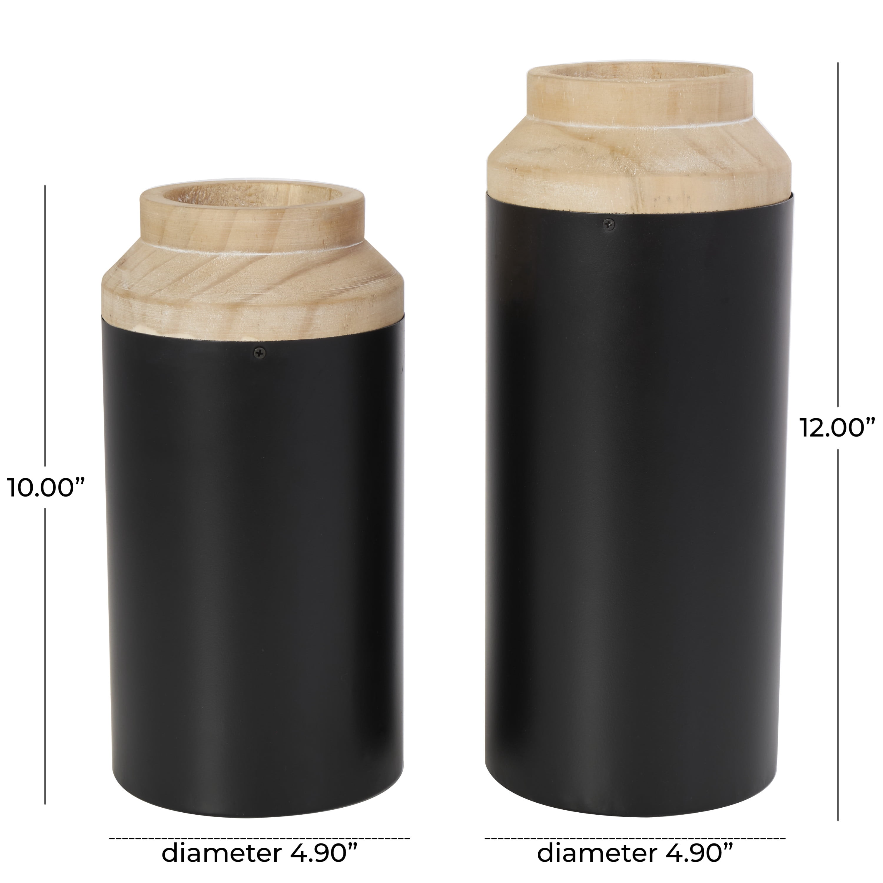 DecMode 12", 10"H Colorblock Black Wood Vase with Light Brown Wood Tops, Set of 2