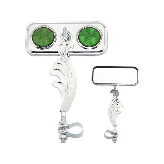 Chrome Rectangle Wing Bike Mirror Right with Green Reflectors. Bike mirror, bicycle mirror, bike accessory, bicycle accessory.