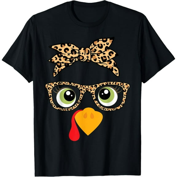 Thanksgiving Turkey Face Leopard Print Glasses Women Girls T-Shirt