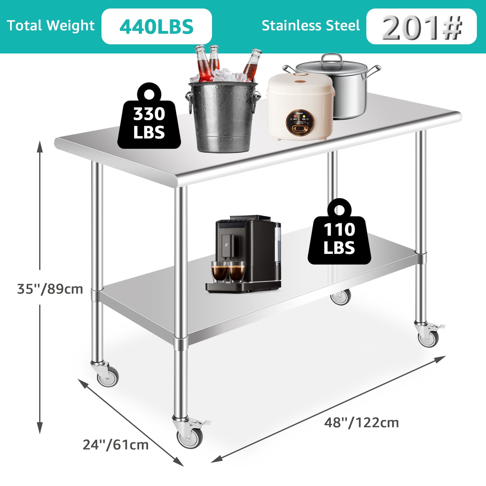 PRIJESSE Stainless Steel Work Table 48 x 30 Inch Stainless Steel Table w/ Undershelf, Casters, Commercial Kitchen Work & Prep Table