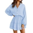 thumbnail image 3 of Summer Dresses for Women Flowy Ruffle Long Sleeve V Neck Tiered Casual Beach Mini Dress Blue M, 3 of 5