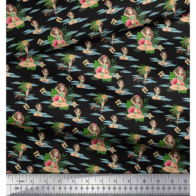 Soimoi Black Velvet Fabric Palm Tree & Girl Beach Print Fabric by the Yard 58 Inch Wide
