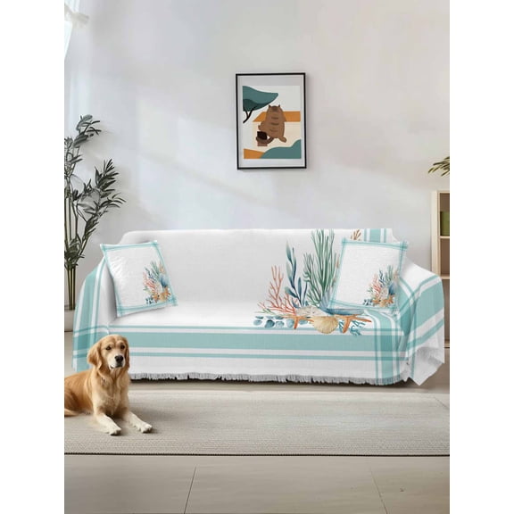 Aqua Coastal Couch Cover for 2 Cushion Sofa, Nautical Seashells Coral Leaves Stripes Washable Loveseat Sofa Covers Slipcover for Sectional Sofas L-Shaped, Couch Throw Cover 71"x118"
