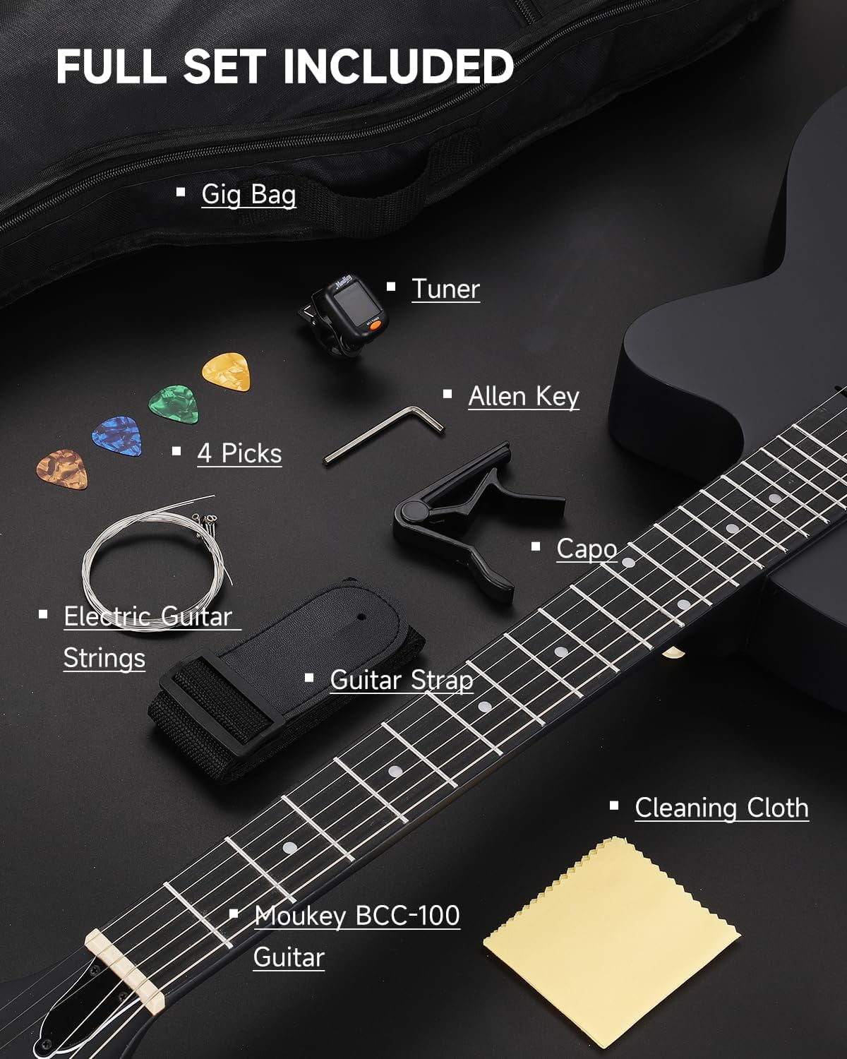 Moukey Acoustic Electric Guitar 39-Inch, Cutaway Guitar with Passive Pickup, Gig Bag, Strap, Picks, Tuner, and Capo, Black