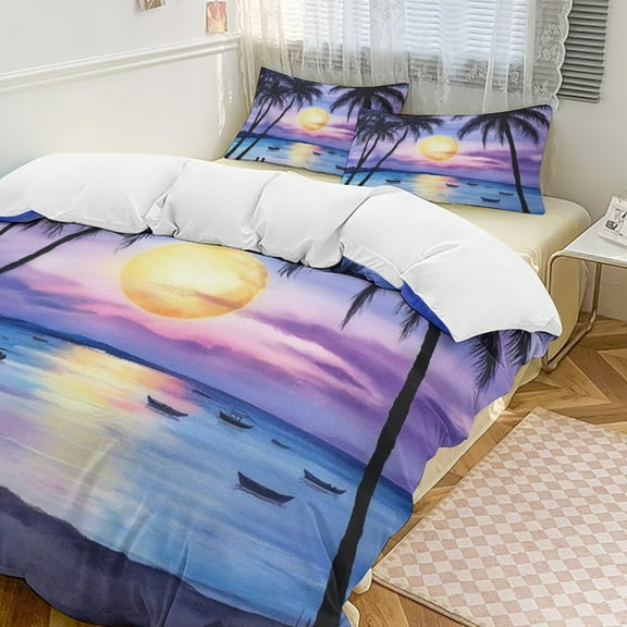 Palm Moon Beach Romance Duvet Cover Set Themed Multicolor Polyester Bedding Set for Bedroom Decoration