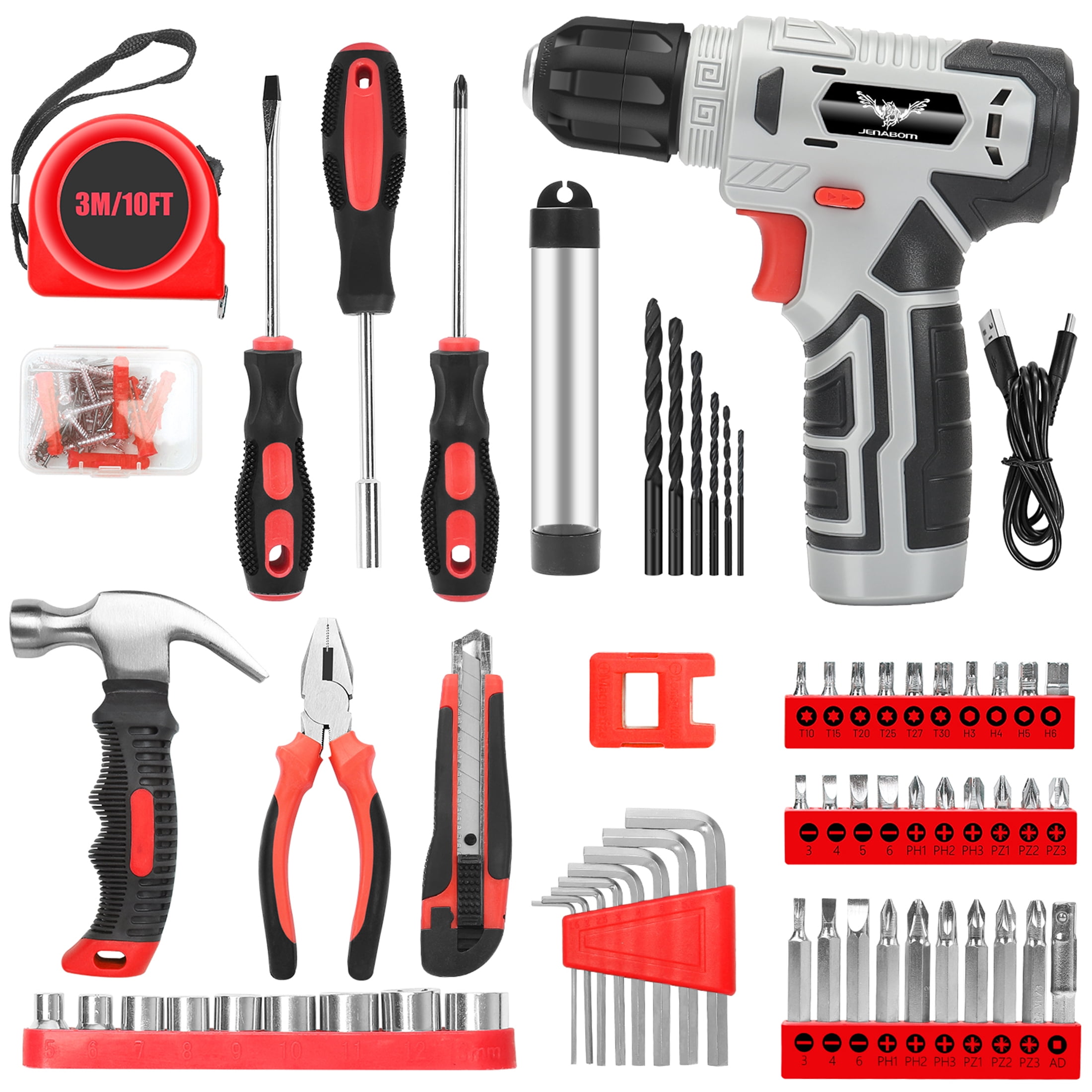 JENABOM Tool Set - 8V Cordless Drill Set, 146 Pcs Box with Hand Drill, Home Tool Kits, Variable Speed, Home Improvement & DIY (Gray & Red)