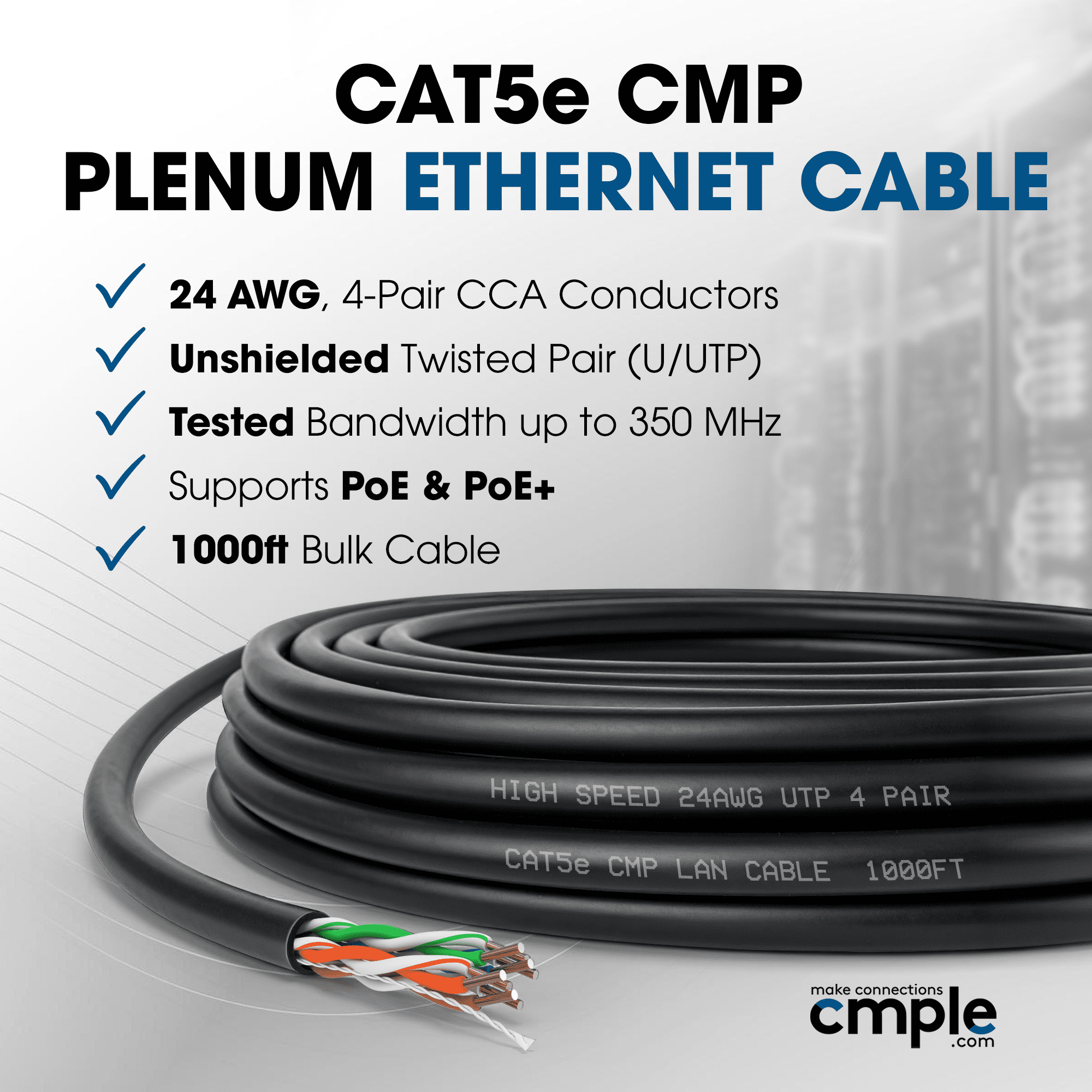 Cmple - Cat5e Plenum Cable 1000ft, CMP, Black, 350MHz Gigabit Ethernet Cord Solid Network Internet Wire Bulk UTP
