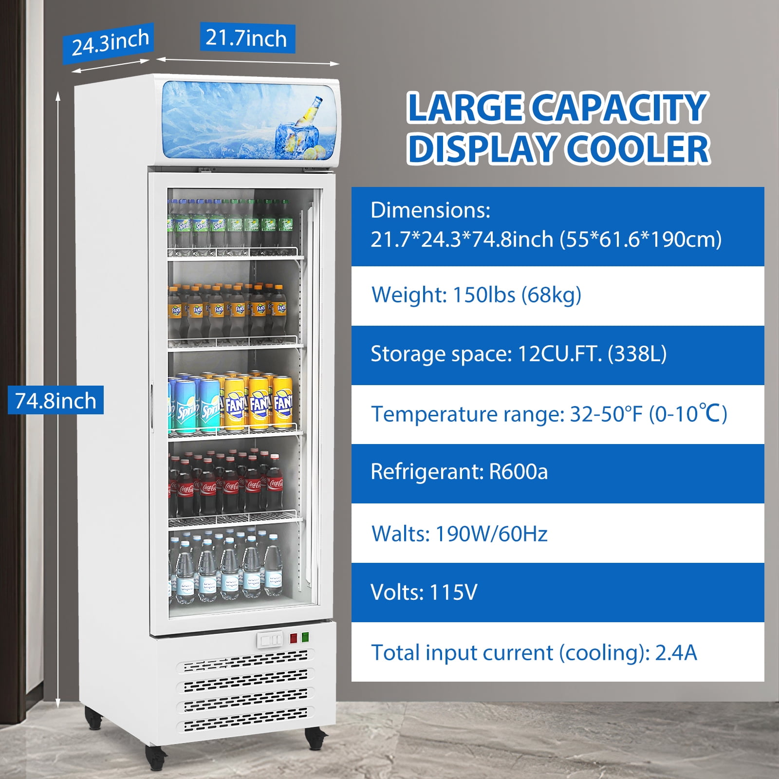 Commercial Beverage Refrigerator, 22 Inch 11.3 Cu. Ft. Drink Fridge, Display Refrigerator with Glass Door, Commercial Display Fridge with 4 Adjustable Shelves, for Shops, Restaurants, Bars