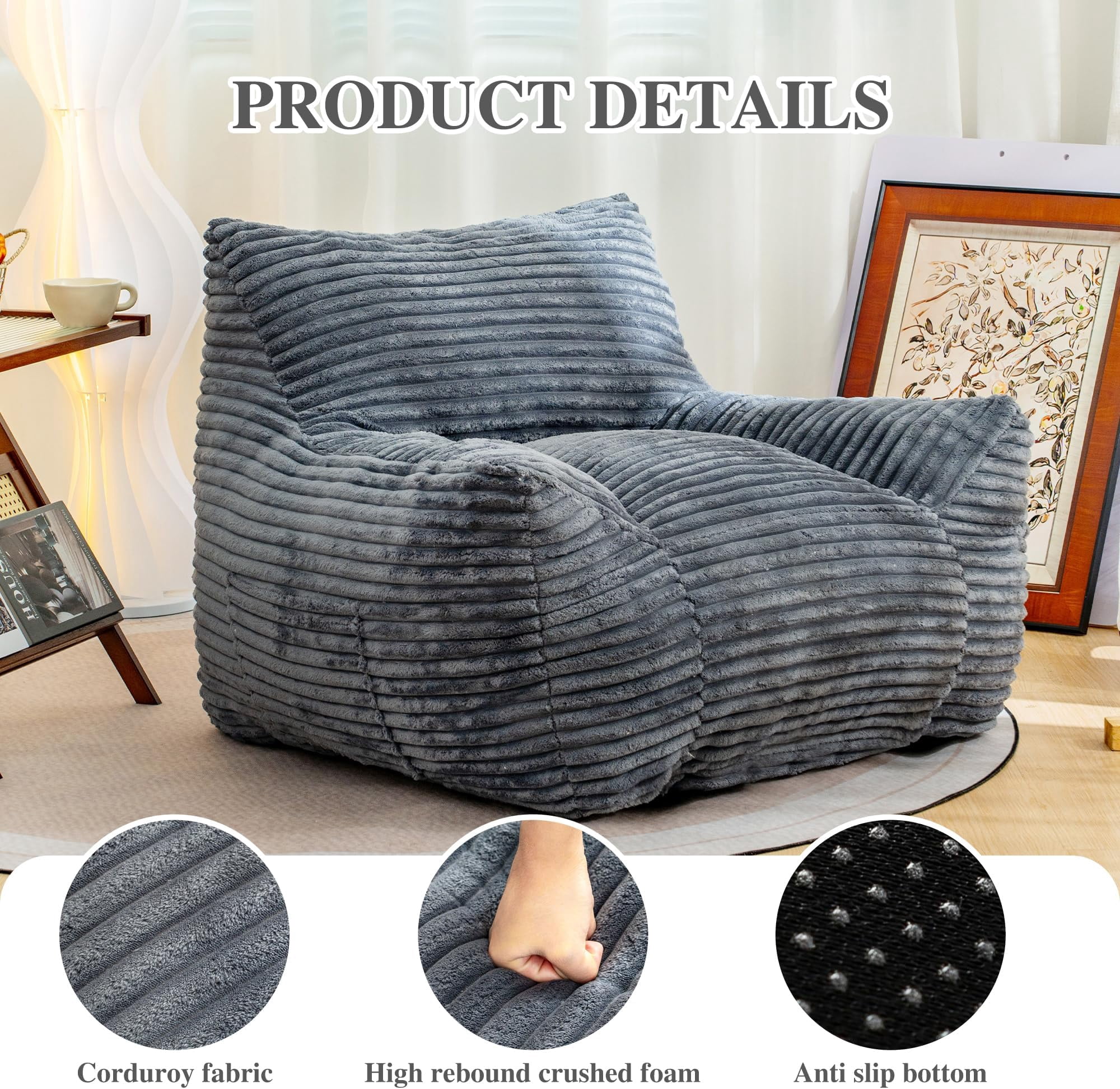 JESTOP Bean Bag Chair for Adults with Armrests, Lazy Floor Sofa Cozy Single Cloud Mini Couch, Corduroy Reading Chair for Living Room Bedroom
