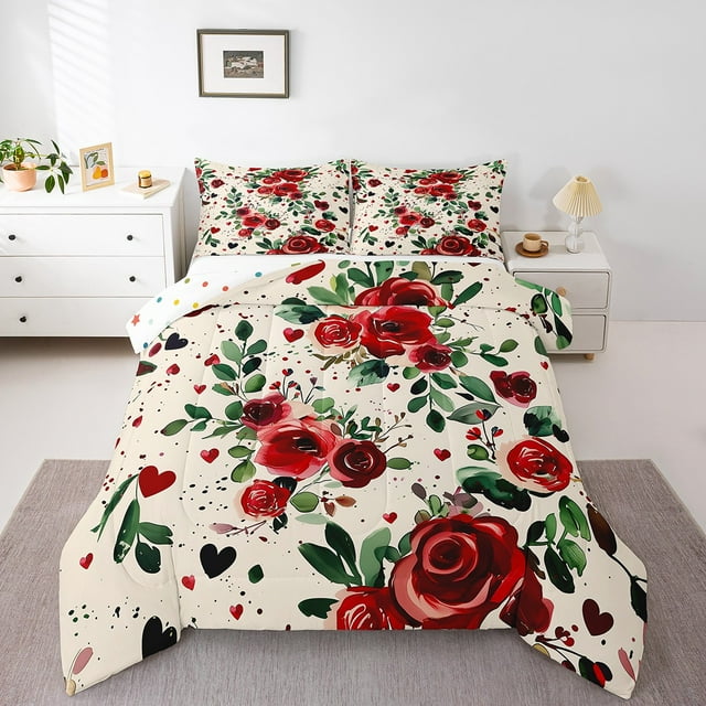 Erosebridal Ensemble de Literie Chic Rose Floral, Couette Simple, Fleurs Feuilles, Beige Rouge Vert, Réversible 2 Pcs, Respirant