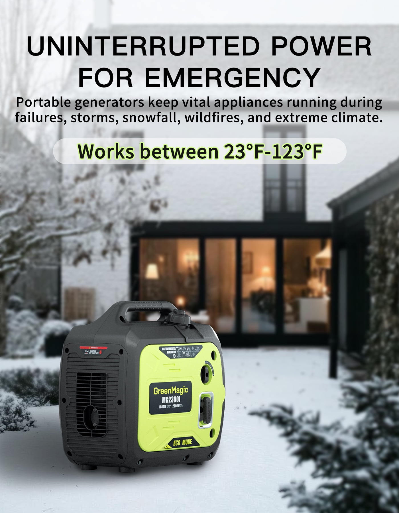 GreenMagic 2300W Portable Inverter Generator, Super Quiet Gasoline Quiet Generator for RV, Camping, Home Backup, Emergency Power