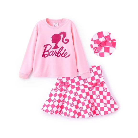 Barbie Girls Outfit Set Graphic Top and Bow Detail Plaid Print Skater Skirt 2-Piece Set Kids Clothes 5-12Y