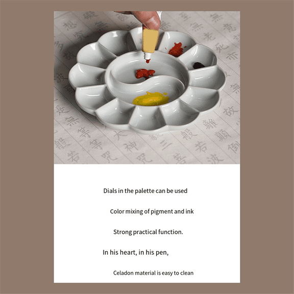 TOP! Handmade Celadon Palette -Shaped Watercolor Paint Tray Ru Kiln Ceramic Plate and Pen Holder White