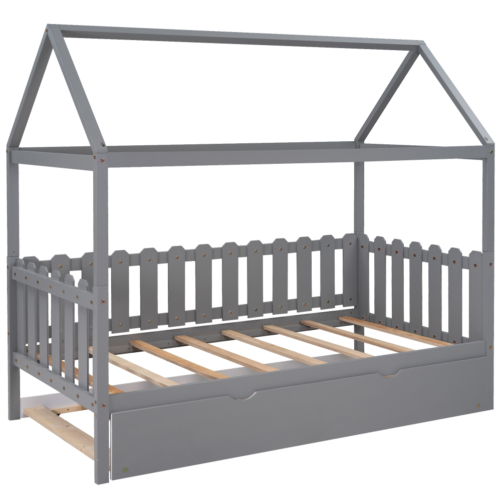 Hassch Twin Size House Bed With Trundle, Fence-Shaped Guardrail, Gray - image 4 of 8