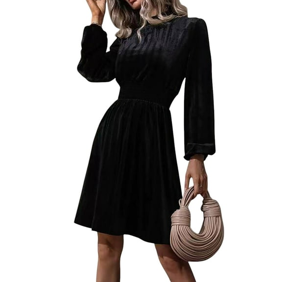 JustVH Women Velvet A-Line Dresses Long Sleeve Smock Waist Dress,S-XL