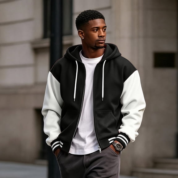 Men's Hooded Baseball Jacket Zip Up Color Block Coat Fleece Lined Loose Fit Streetwear Outerwear for Spring Autumn Winter