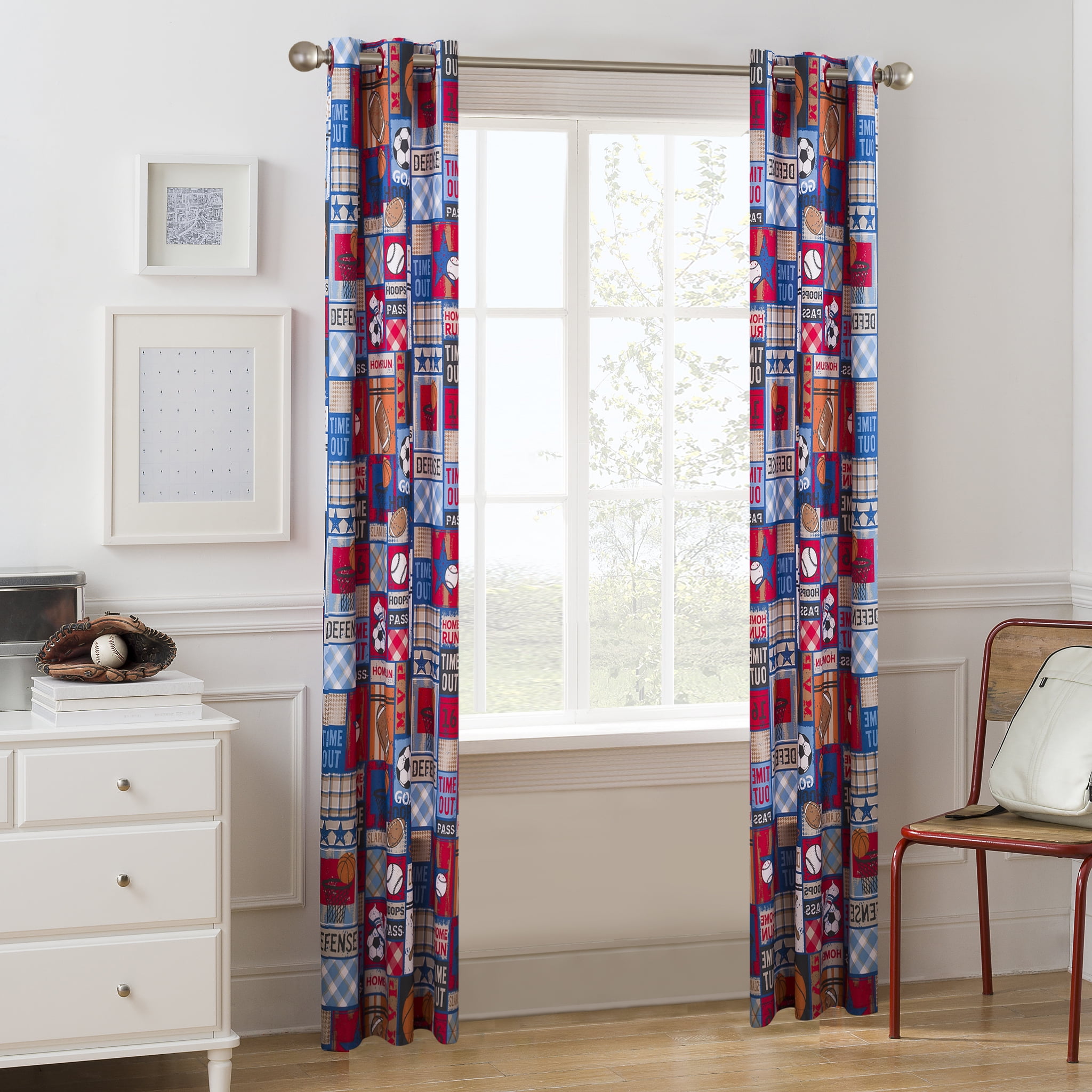 Your Zone Kids Sports Patch Room Darkening Grommet Single Curtain Panel, 42 in x 84 in, Multicolor
