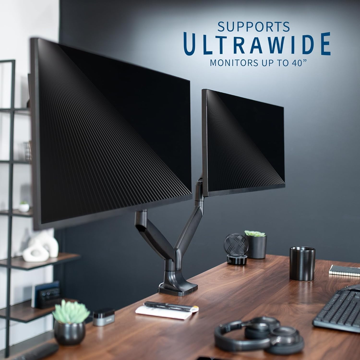 Premium Aluminum Heavy Duty Dual Monitor Arm for Ultrawide Monitors  to 40 inches and 24 lbs Each, Desk Mount Stand, Pneumatic Height,  VESA 100x100, Black, STAND-V202Q