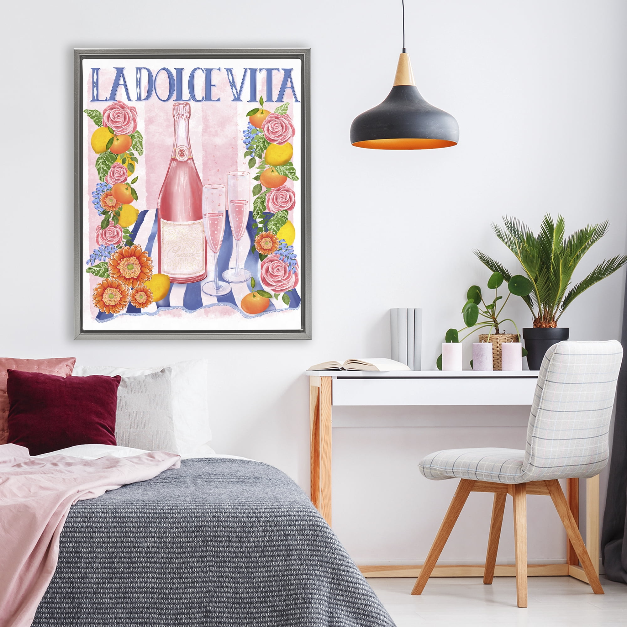 Stupell Industries Pink Champagne Picnic Gray Framed Floater Canvas Wall Art, design by Lori Mosley