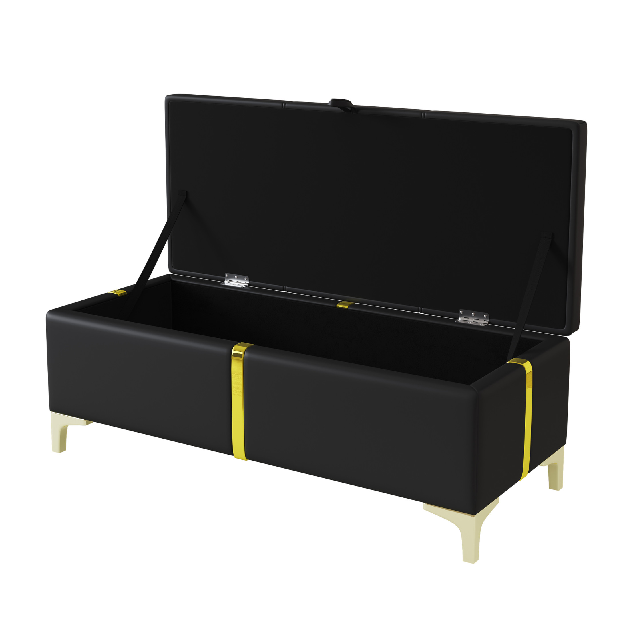 Noble House Elegant Upholstered Storage Ottoman Bench with Metal Legs, Bedroom & Living Room Storage Seat, Black