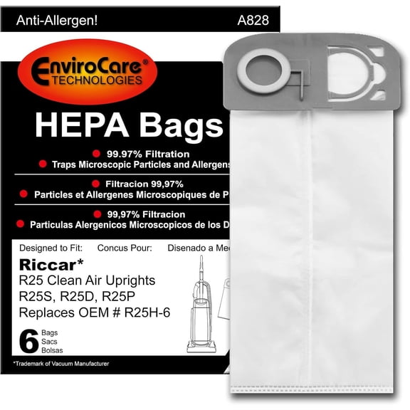 6 EnviroCare for Riccar R25 Clean Air Upright HEPA Vacuum Bags