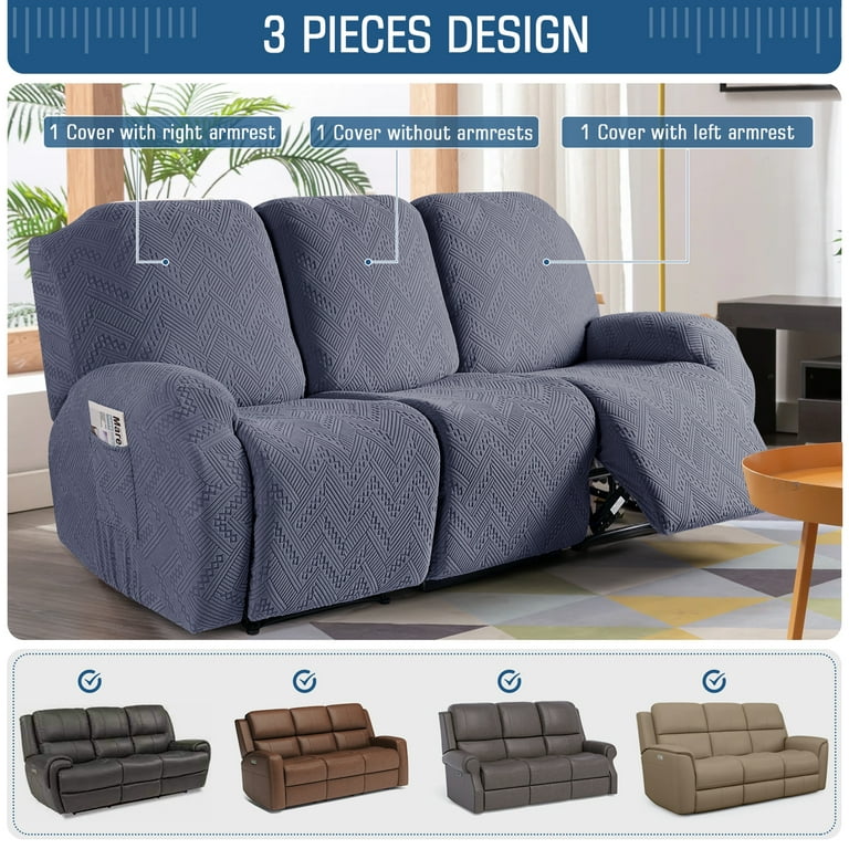TAOCOCO Recliner Sofa Covers 3 Pieces Reclining Couch Covers for 3 Seater Sofa Furniture Protector w Pockets Dark Gray