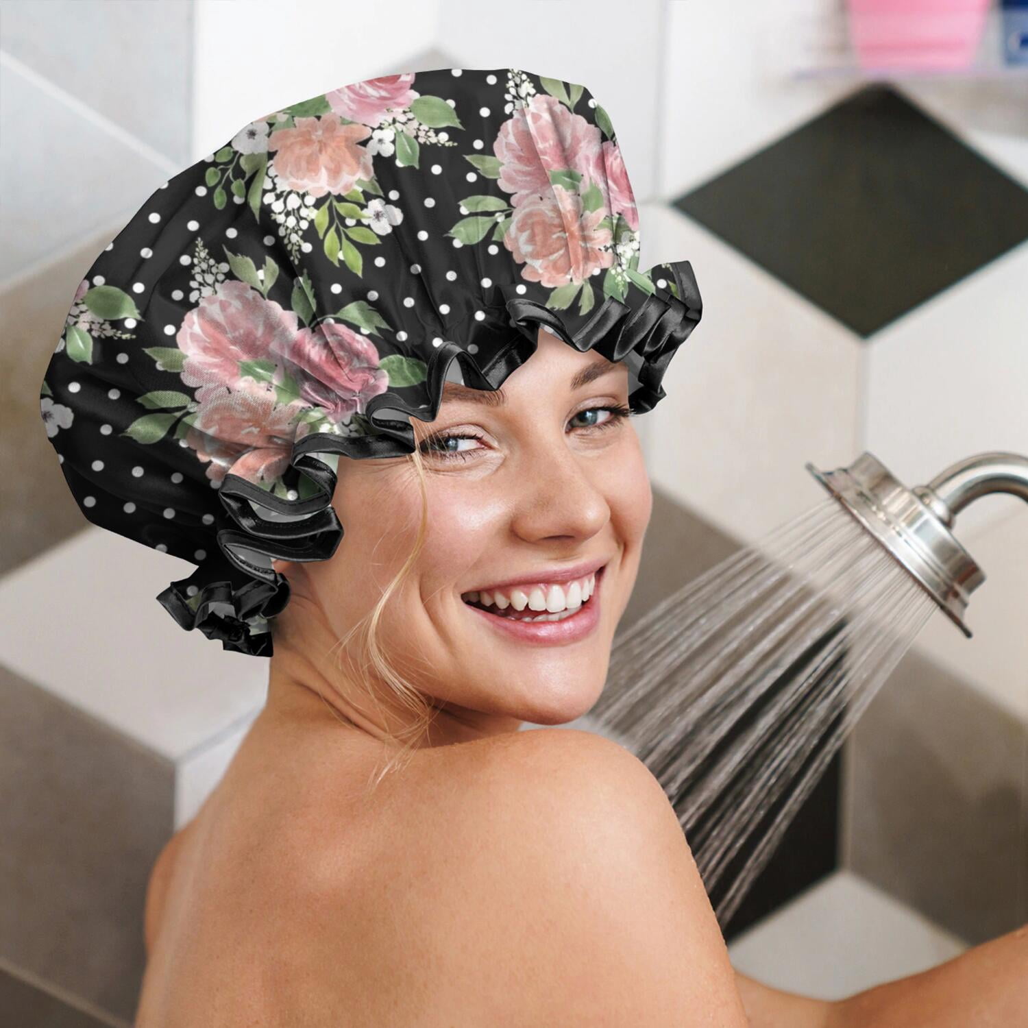 Shower Caps,Pioneer Flower Floral Print Pattern Waterproof Shower Cap for Women 4 Pieces,Double Reusable Hair Cover for Shower PEVA Elastic Stretch Hem