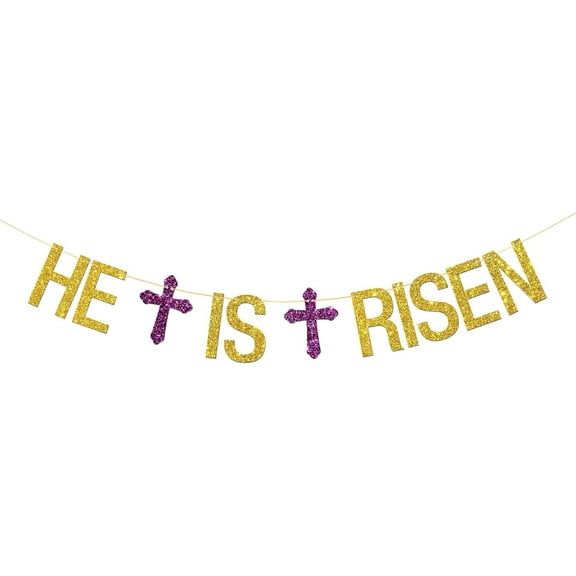 He is Risen Banner - Jesus Easter Party Bunting - Welcome Easter - Cross Sign Religious Holiday Party Decorations - Gold Glitter