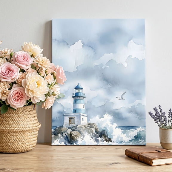 Canvas Wall Art Summer Ocean Lighthouse Canvas Art Print Nautical Coastal Sea Waves Island Seagull Wall Decor for Living Room Bedroom Artwork Decorations Stretched Framed Ready to Hang 8"x10"