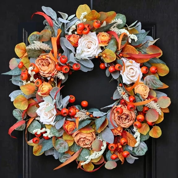 24'' Fall Wreaths for Front Door, Farmhouse Eucalyptus Rose Wreath for Front Door Wall Home Porch Fall Decorations, Thanksgiving Day Harvest Festival