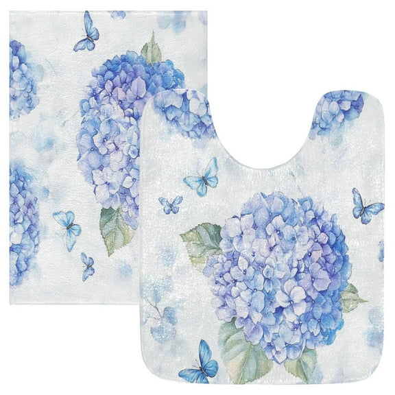 2 Piece Soft Bathroom Rug Set Blue Hydrangea Pattern Bath Mat and U-Shaped Toilet Contour Rug (16"x24" 20"x24")