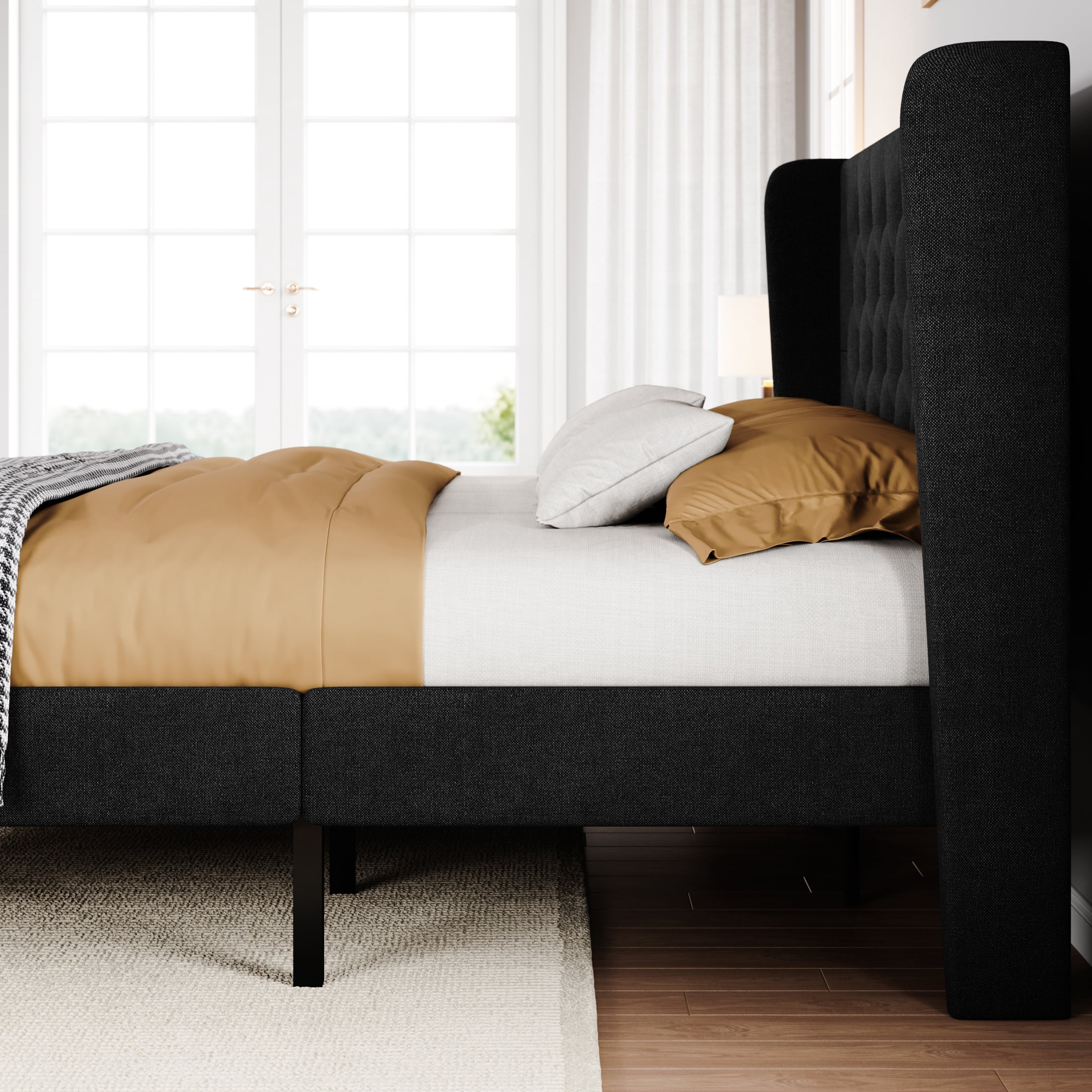 SHA CERLIN Queen Size Platform Bed Frame with Fabric Wingback&Tufted Upholstered Headboard, Black