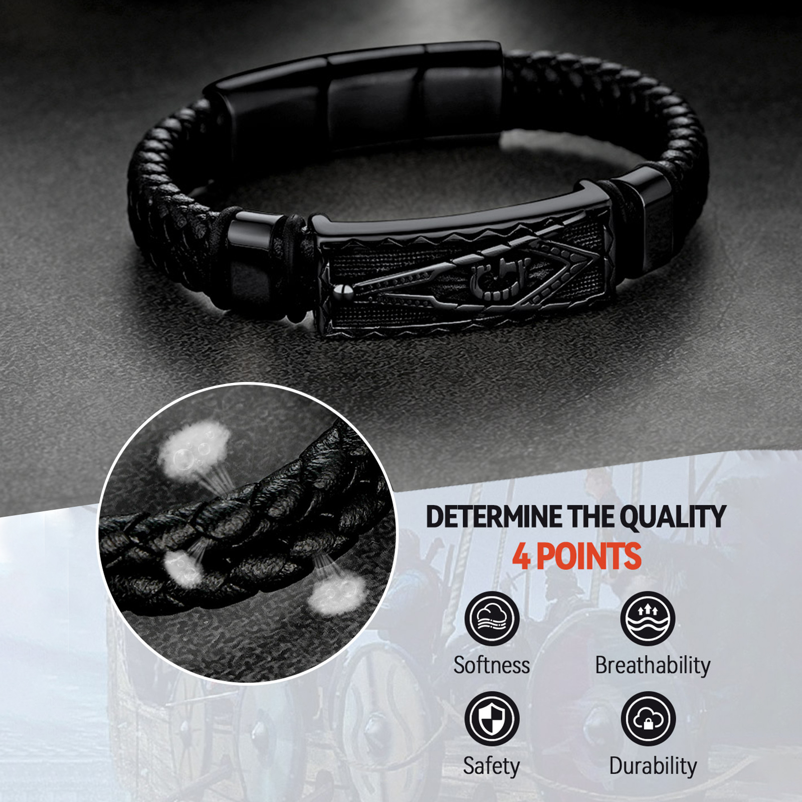 FaithHeart Black Leather Bracelet for Men Stainless Steel Thor's Hammer Bangles Braided Wristband Waterproof Punk Cuff Charm Bracelet Buckle Clasp Jewelry Gift for Boyfriend Husband Valentine's Day